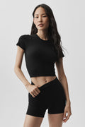 Women's Seamless Modal Ribbed Cropped Short Sleeve Top - Soft Yoga Crop Tee in Black