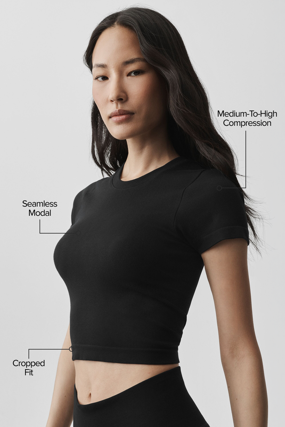 Women's Seamless Modal Ribbed Cropped Short Sleeve Top - Soft Yoga Crop Tee in Black