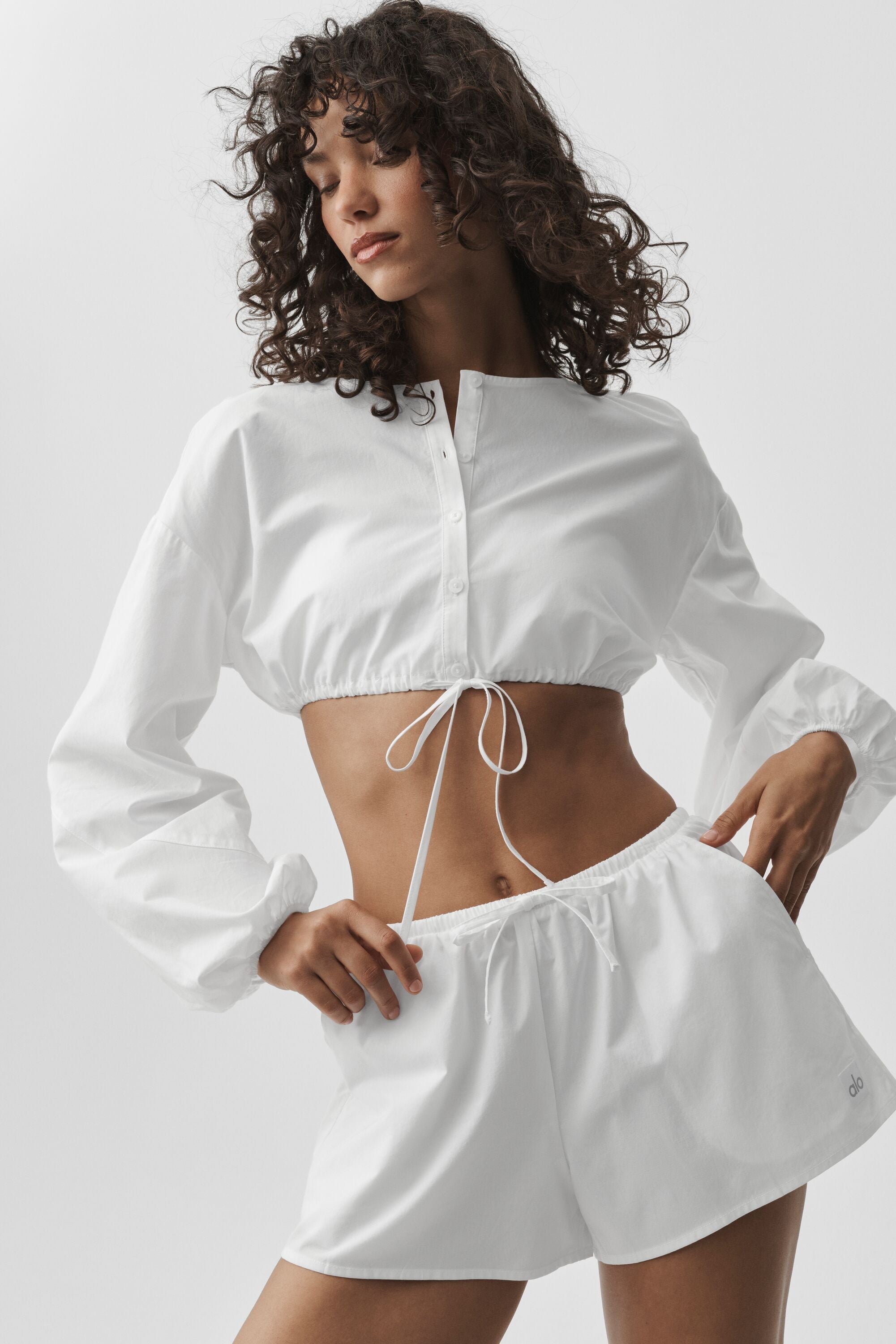Women's Cotton Cropped Long Sleeve Yoga Top - Soft Breathable Crop Sweatshirt in White